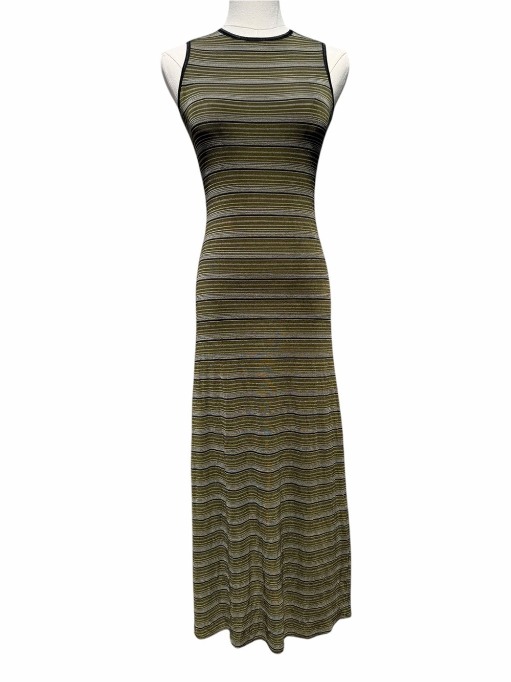 Jalate Vintage Maxi Dress Women’s S Olive Striped Sleeveless Made in USA Y2K